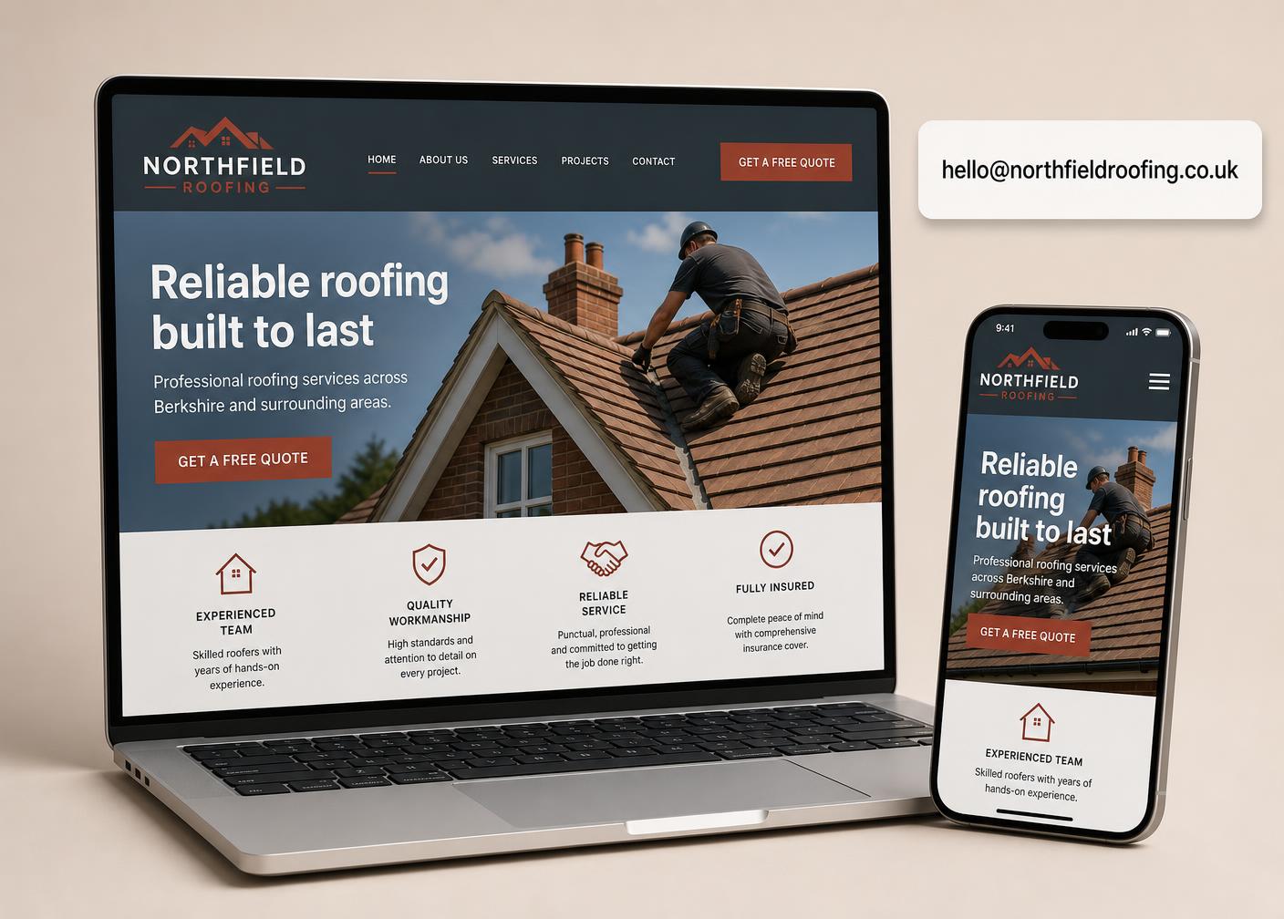 Northfield Roofing website shown on a laptop and phone with the email address hello@northfieldroofing.co.uk